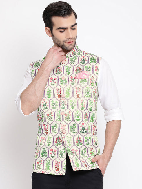 Vastramay Men's Cream Digital Floral Printed Royal Nehru Jacket
